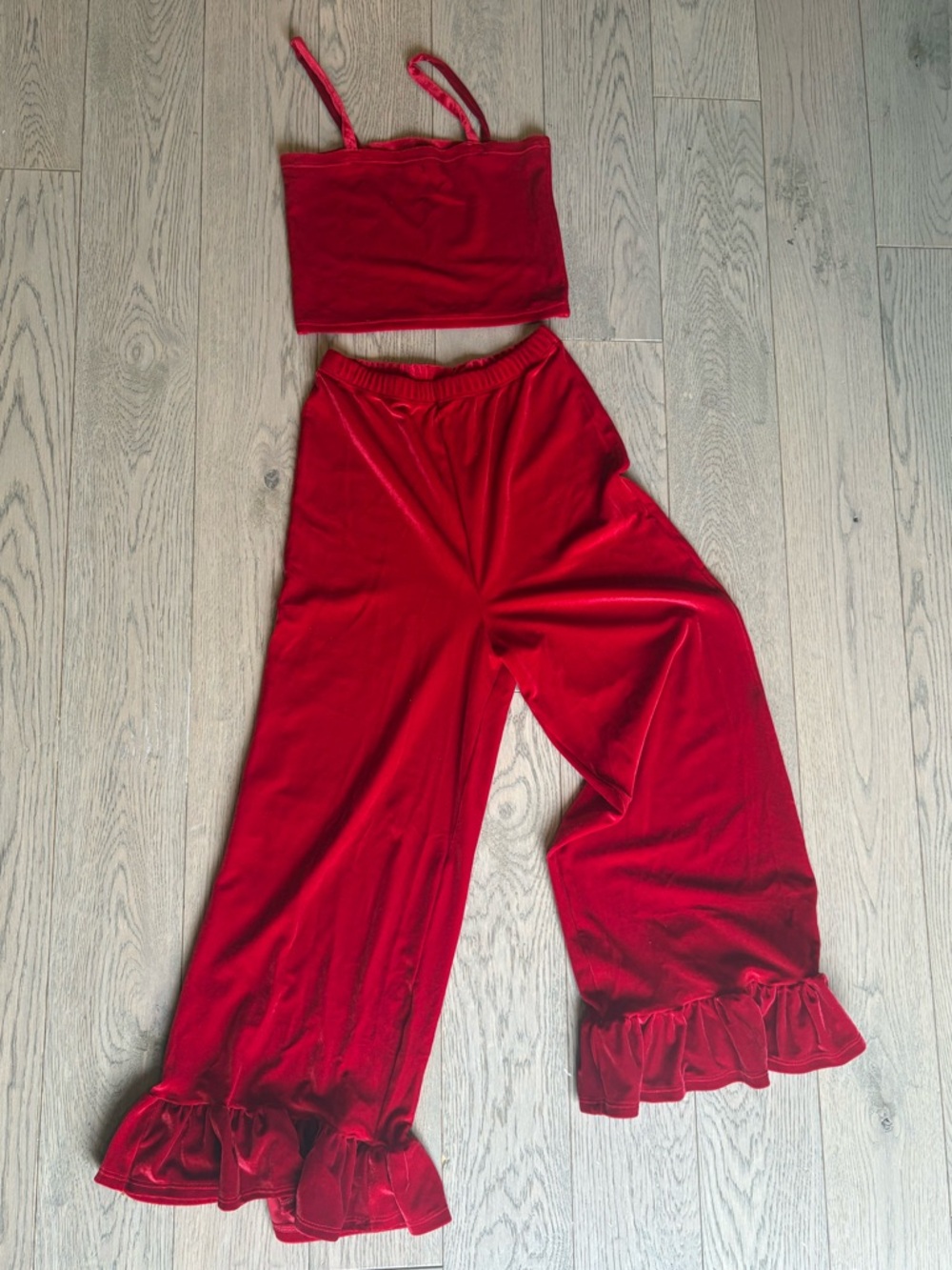 Red Velvet Two-Piece Crop Top & Ruffle Hem Wide Leg Pants